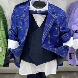 Boys 5 Piece Blue Plaid Suit Set